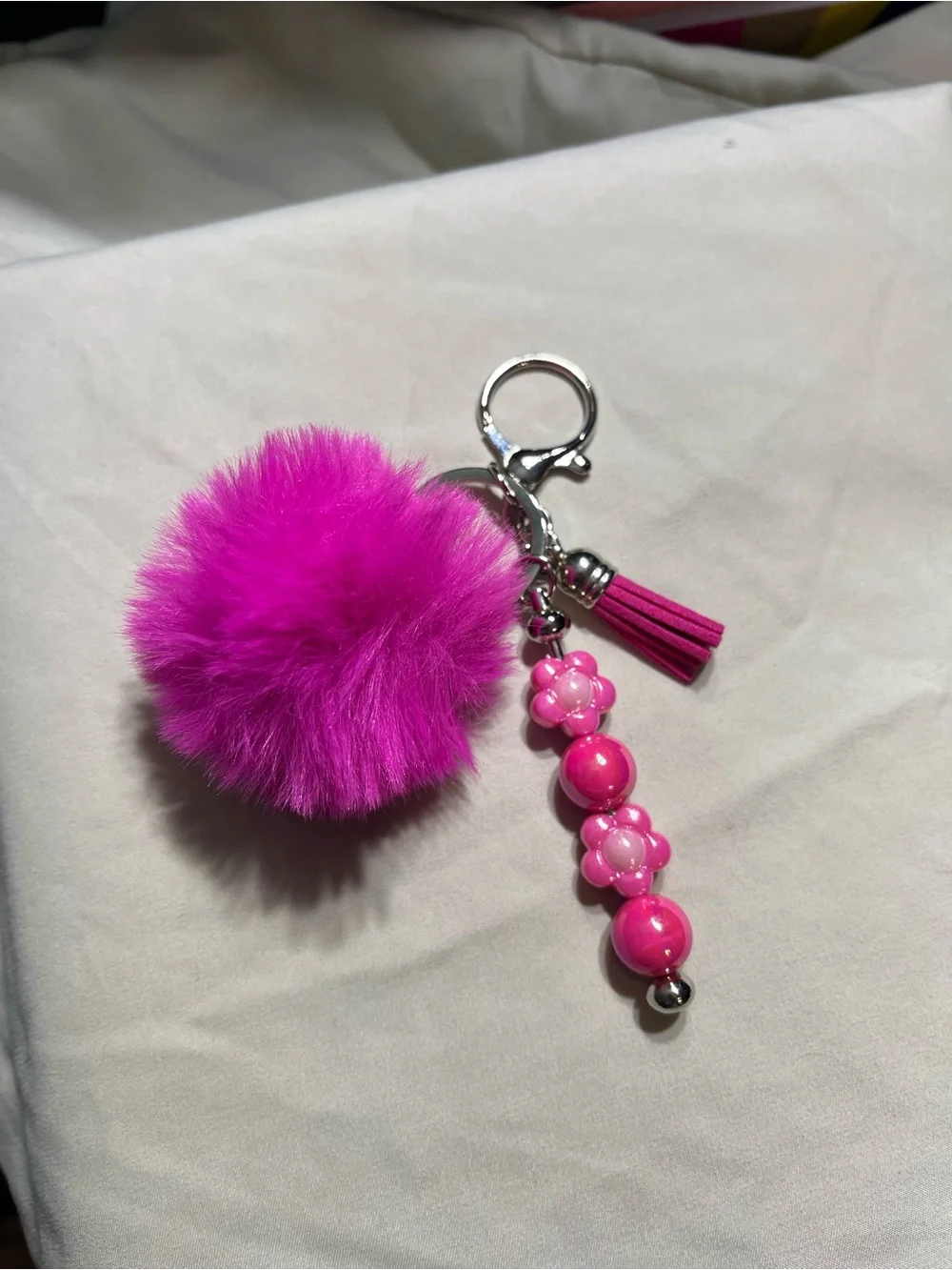 Hot Pink Pom Pom Keychain with Bead & Tassel